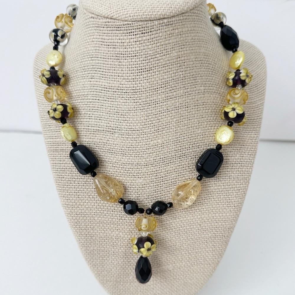 NWT Genuine Topaz, Murano Glass, Black Onyx & Pearl Necklace Beaded Black Yellow